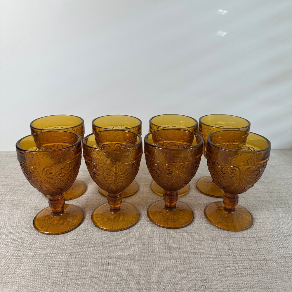 Vintage Tiara Indiana Glass Amber Sandwich Table Wine Goblets Set of 8